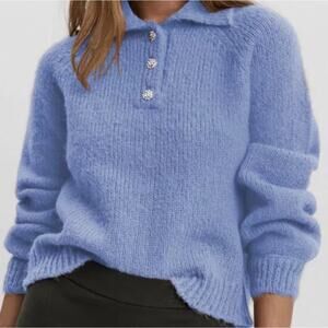 Vero Moda Mabel knit polo sweater blouse XS women's blue soft fuzzy fall winter